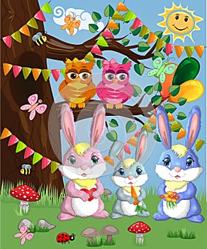 A family of three bunnies in a forest glade. Mom, dad, baby. Spring, postcard