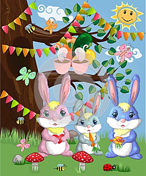 A family of three bunnies in a forest glade. Mom, dad, baby. Spring, postcard