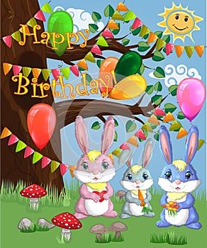 A family of three bunnies in a forest glade. Mom, dad, baby. Spring, postcard