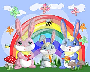 A family of three bunnies in the meadow near the rainbow. Mom, dad, baby. Spring, postcard