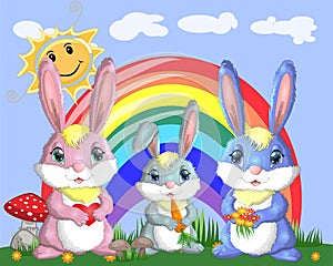 A family of three bunnies in the meadow near the rainbow. Mom, dad, baby. Spring, postcard