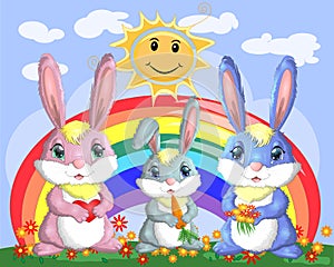 A family of three bunnies in the meadow near the rainbow. Mom, dad, baby. Spring, postcard