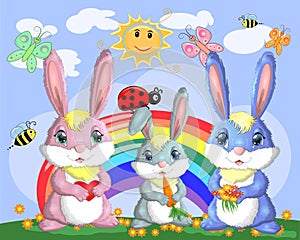 A family of three bunnies in the meadow near the rainbow. Mom, dad, baby. Spring, postcard