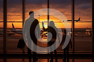 Family of three, captivated by vibrant sunset, watch planes take off at bustling airport terminal