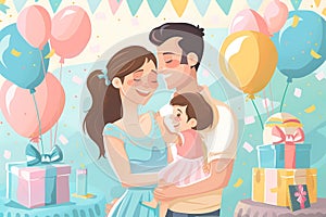 A family of three is celebrating a first birthday. The illustration is in a flat style with pastel colors