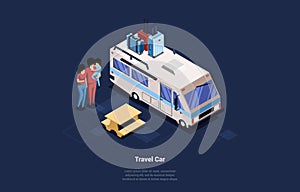 Family Of Three Members Standing Near Huge Automobile With Luggage On Top. Travelling Car Conceptual Illustration In