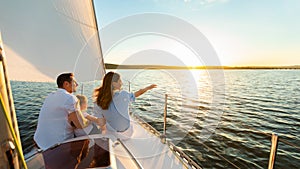 Family Of Three Sailing On Yacht At Seaside Outdoor, Panorama