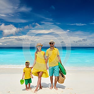 Family with three year old boy on beach. Seychelles, Mahe