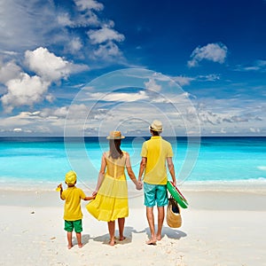 Family with three year old boy on beach. Seychelles, Mahe