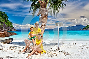 Family with three year old boy on beach. Seychelles, Mahe