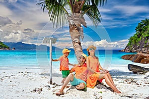 Family with three year old boy on beach. Seychelles, Mahe