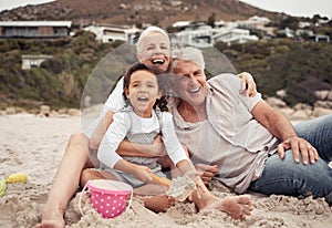 Family, time and beach with grandparents and grandchild laugh and play in sand, sitting and bonding in nature. Portrait