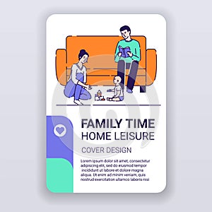 Family time brochure template. Home leisure cover design. Pastime magazine poster. Print design with linear illustrations cartoon