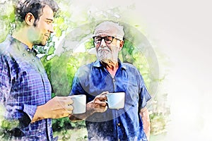 Family time dad and son talking discussion lifestyle in garden home on watercolor illustration painting background.