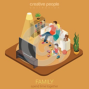 Family time parenting flat 3d isometric: living room watching TV