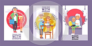 Family time set of cards or posters vector illustration. Generation together for spending enjoying time. Kid traveling