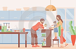 Family time vector flat illustration. Mother, father, and daughter cooking pancakes for breakfast at the kitchen.