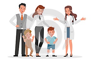 Family to see Doctor in hospital character vector design. Presentation in various action with emotions, smile and happy