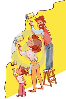 Family together makes repairs in the house. Wall painting