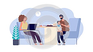 Family together. Mother, father and baby. Dad with little son and working mom. Parenthood vector illustration