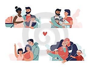 Family together. Parents children and grandparents hugging and embracing. Vector happy cartoon characters spending time