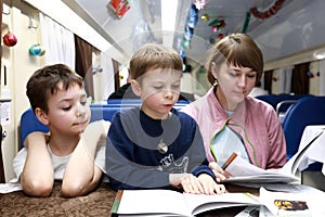 Family in train carriage restaurant