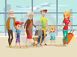 Family travel in airport illustration of kids, parents or grandparents and dog with traveling luggage for boarding