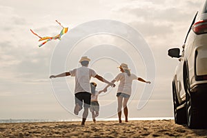 Family travel on beach, Family with car road trip at sea on summer