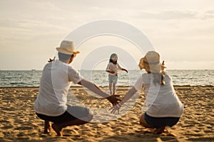 Family travel on beach, Family with car road trip at sea on summer