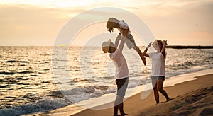 Family travel on beach, Family with car road trip at sea on summer