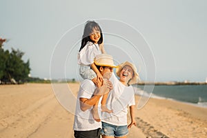 Family travel on beach, Family with car road trip at sea on summer