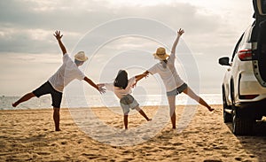 Family travel on beach, Family with car road trip at sea on summer