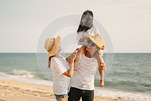 Family travel on beach, Family with car road trip at sea on summer