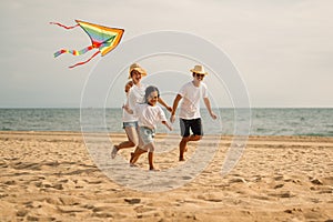 Family travel on beach, Family with car road trip at sea on summer