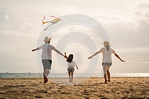 Family travel on beach, Family with car road trip at sea on summer