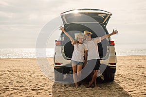 Family travel on beach, Family with car road trip at sea on summer