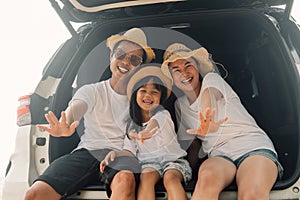 Family travel on beach, Family with car road trip at sea on summer