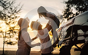 Family travel on beach, Family with car road trip at sea on summer