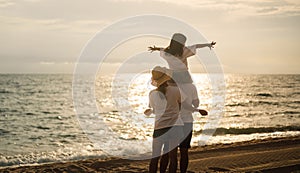 Family travel on beach, Family with car road trip at sea on summer