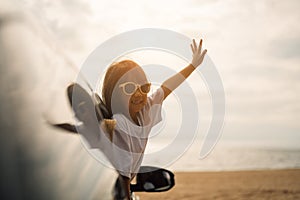 Family travel on beach, Family with car road trip at sea on summer