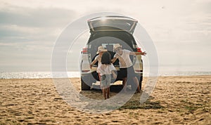 Family travel on beach, Family with car road trip at sea on summer