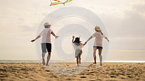 Family travel on beach, Family with car road trip at sea on summer