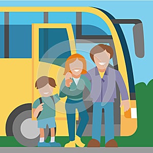 Family travel by bus background banner vector illustration. Happy road trip. Mother, Father, and son traveling on