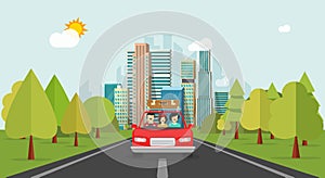Family travel by car, flat cartoon style happy family with kid travelling together via automobile vector