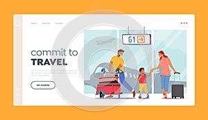 Family Travel with Child .Landing Page Template. Father, Mother and Son Traveling Together. Parents and Kid in Airport