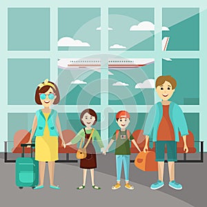Family travel concept vector poster. Parents with two kids at the airport going to vacation. Cartoon people characters