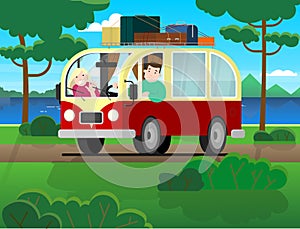 Family travel on a minivan; a man drives a car, a woman waves her hand. Happy cartoon people in a retro minivan. Road trip, summer