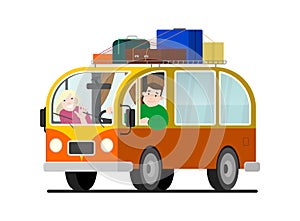 Family travel on a minivan; a man drives a car, a woman waves her hand. Happy cartoon people in a retro minivan. Road trip, summer