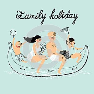 Family travel, vector illustration. Banana boat.