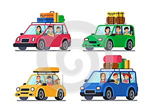 Family traveling cars. Happy people travel in car. Vacation trip with mother and father in minivan cartoon vector